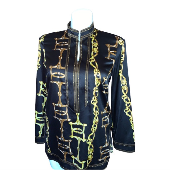ECI New York Chain Print Satin Blouse Black Gold Long Sleeve Tunic Top 14 - Picture 8 of 16